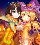  2girls absurdres alternate_hairstyle bang_dream! bangs black_hair blonde_hair blue_eyes blush bow bowtie cross-laced_clothes flying_sweatdrops hair_ornament hairclip halloween_costume hat hat_bow highres jester long_hair long_sleeves looking_at_viewer multiple_girls neck_ruff okusawa_misaki outstretched_arm purple_bow purple_hat purple_neckwear short_hair silk smile sparkle spider_web striped striped_bow striped_neckwear tokkyu_(user_mwwe3558) tsurumaki_kokoro twintails v-shaped_eyebrows witch_hat yellow_eyes 