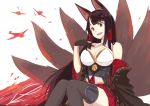  1girl :d aircraft airplane akagi_(azur_lane) animal_ears azur_lane bare_shoulders black_hair breasts cleavage fox_ears fox_girl fox_tail large_breasts long_hair looking_at_viewer multiple_tails open_mouth pokasu red_eyes simple_background sitting smile solo tail thigh-highs white_background wide_sleeves 