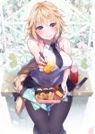  1girl bare_shoulders blonde_hair blush breasts chopsticks fate/apocrypha fate/grand_order fate_(series) food highres holding holding_food jeanne_d&#039;arc_(fate) jeanne_d&#039;arc_(fate)_(all) kanola_u long_braid long_hair looking_at_viewer medium_breasts obentou onigiri open_mouth sitting smile solo tempura thigh-highs very_long_hair violet_eyes 