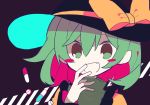  :d black_hat blouse blush_stickers bow fang flat_color frilled_sleeves frills green_eyes green_hair hand_on_own_face hat hat_bow hat_ribbon komeiji_koishi laughing looking_at_viewer mamimu_(ko_cha_22) open_mouth pill ribbon smile subterranean_animism touhou wide_sleeves yellow_blouse 