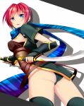  1girl ass black_dress black_legwear blue_eyes breasts commentary_request dress gloves holding holding_weapon kotuzui_yositune looking_at_viewer nel_zelpher open_mouth panties redhead scarf short_hair sideboob solo standing star_ocean star_ocean_till_the_end_of_time thigh-highs thighs underwear weapon 
