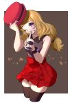  1girl ankea_(a-ramo-do) bangs black_legwear blonde_hair breasts cowboy_shot creatures_(company) eyewear_removed game_freak hat hat_removed headwear_removed holding holding_hat looking_at_viewer mouth_hold nintendo one_eye_closed pleated_skirt pokemon pokemon_(game) pokemon_xy red_skirt serena_(pokemon) skirt smile solo sunglasses thigh-highs thighs wristband 