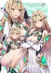  1girl artist_name bangs blonde_hair blush breasts cleavage cleavage_cutout closed_mouth commentary_request copyright_name crossed_arms earrings eyebrows_visible_through_hair gloves highres mythra_(xenoblade) jewelry legs long_hair looking_to_the_side medium_breasts nintendo nose_blush pen_(steelleets) solo swept_bangs thigh_strap tiara wavy_mouth white_gloves xenoblade_(series) xenoblade_2 yellow_eyes 