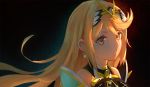  1girl armor bangs blonde_hair breasts cleavage cleavage_cutout dress earrings gem gloves headpiece mythra_(xenoblade) jewelry kiiro_kimi large_breasts looking_at_viewer nintendo solo swept_bangs tiara xenoblade_(series) xenoblade_2 yellow_eyes 