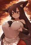  1girl animal_ears bare_shoulders blush bored breast_grab breast_hold breasts brooch brown_hair collarbone dress grabbing highres imaizumi_kagerou jewelry kaginoni large_breasts long_hair long_sleeves red_eyes solo tail touhou wavy_mouth wolf_ears wolf_tail 