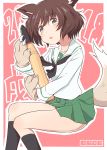  1girl 2018 :o akiyama_yukari animal_ears artist_name bangs black_legwear black_neckwear blouse blush brown_eyes brown_hair cbgb chinese_zodiac commentary dog_ears eyebrows_visible_through_hair girls_und_panzer gloves green_skirt head_tilt highres holding invisible_chair kemonomimi_mode kneehighs light_frown long_sleeves looking_at_viewer messy_hair miniskirt neckerchief ooarai_school_uniform open_mouth paw_gloves paws pleated_skirt school_uniform serafuku short_hair sitting skirt solo tank_shell white_blouse year_of_the_dog 