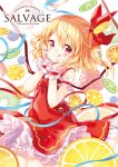  1girl :q adapted_costume arm_garter artist_name bangs bare_shoulders blonde_hair bloomers blueberry blush closed_mouth cover cover_page dress eyebrows_visible_through_hair flandre_scarlet food food_themed_background frilled_dress frills fruit hair_between_eyes hair_ribbon hands_on_own_cheeks hands_on_own_face hands_up kiwifruit lemon lemon_slice lime_slice long_hair looking_at_viewer mimi_(mimi_puru) nail_polish no_hat no_headwear one_side_up orange orange_nails orange_slice red_dress red_eyes red_ribbon ribbon scrunchie shiny shiny_hair sleeveless sleeveless_dress smile solo strawberry tongue tongue_out touhou underwater water_drop wrist_scrunchie 