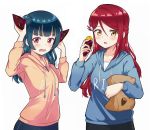  2girls bag bangs blue_hair blue_hoodie blush ceph_(greatyazawa1819) clothes_writing denim eyebrows_visible_through_hair fang food hair_ornament hairclip half_updo hands_up highres holding holding_bag holding_food hood hood_down horns jeans long_sleeves looking_at_viewer love_live! love_live!_sunshine!! multiple_girls open_mouth pants paper_bag pink_hoodie redhead sakurauchi_riko side_bun simple_background sweet_potato tsushima_yoshiko upper_body violet_eyes white_background yakiimo yellow_eyes 