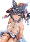  1girl absurdres animal_ears bangs bare_shoulders black_hair blurry blush breasts bridal_gauntlets cleavage collarbone depth_of_field detached_sleeves ear_piercing erune eyewear_on_head flower granblue_fantasy hair_between_eyes hair_flower hair_ornament hair_ribbon halterneck highres ilsa_(granblue_fantasy) kimura_neito large_breasts long_hair looking_at_viewer one-piece_swimsuit piercing ponytail red_eyes red_ribbon ribbon sitting smile solo sunglasses swimsuit tan thigh_strap white_swimsuit 