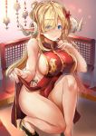  1girl ahoge blonde_hair blue_eyes breasts china_dress chinese_clothes commentary_request covered_navel dress fingernails flower hair_flower hair_ornament hair_over_one_eye hand_on_own_chest highres himuro_(dobu_no_hotori) horns indoors large_breasts long_hair looking_at_viewer one_eye_covered original pointy_ears sideboob sitting smile solo thighs 