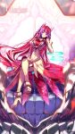  1girl arm_rest artist_request blue_eyes dies_irae dies_irae_pantheon full_body hand_on_own_cheek head_tilt heterochromia high_heels highres legs_crossed long_hair looking_at_viewer multicolored_hair official_art pink_hair red_eyes redhead see-through sitting smile throne very_long_hair 