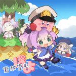  4girls =_= animal_ears ayanami_(azur_lane) azur_lane blue_eyes bow brown_hair chibi clouds commentary_request crown fake_animal_ears fishing_rod gloves green_eyes hair_bow hairband hat hat_ribbon highres hoshi_no_kirby innertube island javelin_(azur_lane) kirby kirby_(series) konachiu laffey_(azur_lane) military_hat mini_crown multiple_girls nintendo off_shoulder on_head outstretched_arms palm_tree pleated_skirt ponytail purple_hair rabbit_ears ribbon single_glove skirt standing standing_on_liquid translated tree water waves white_hair z23_(azur_lane) |_| 