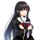  1girl :| absurdres bangs black_dress black_hair blush book closed_mouth crossed_arms dress eyebrows_visible_through_hair highres holding holding_book long_hair long_sleeves looking_at_viewer original puffy_long_sleeves puffy_sleeves red_eyes simple_background tamatabe upper_body very_long_hair white_background 