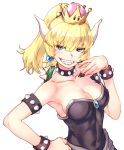  1girl aqua_eyes armpits bangs black_collar black_nails blue_earrings borrowed_design bowsette bracelet breasts cleavage collar collarbone colored_eyelashes commentary_request covered_navel crown earrings evil_grin evil_smile fingernails forked_eyebrows grin half-closed_eyes hand_on_hip hand_up high_ponytail horns jewelry large_breasts long_fingernails long_hair looking_at_viewer super_mario_bros. nail_polish new_super_mario_bros._u_deluxe nintendo ojou-sama_pose princess raika9 sharp_fingernails sharp_teeth shiny shiny_hair sideboob sideways_mouth silver_trim simple_background skin_tight smile solo spiked_armlet spiked_bracelet spiked_collar spiked_shell spikes strapless super_crown teeth thick_eyebrows turtle_shell upper_body white_background 
