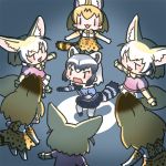  6+girls :3 :d animal_ears blonde_hair blush chibi commentary_request common_raccoon_(kemono_friends) elbow_gloves fennec_(kemono_friends) fox_ears fox_tail from_behind gloves grey_hair inukoro_(spa) kemono_friends lowres multiple_girls open_mouth raccoon_ears raccoon_tail serval_(kemono_friends) serval_ears serval_print serval_tail smile tail |_| 