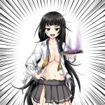  1girl :d black_hair breasts brown_eyes bruise cleavage collarbone commentary_request fish highres holding injury isokaze_(kantai_collection) kantai_collection large_breasts long_hair looking_at_viewer messy_hair navel open_mouth pleated_skirt saury school_uniform serafuku simple_background skirt smile smoke solo standing tk8d32 torn_clothes white_background 