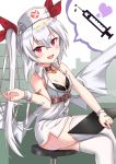  1girl :d azur_lane bandage bandaged_arm bandages bandaid_on_arm bandaid_on_finger bandaid_on_hand bangs bare_shoulders bat_wings bikini_top black_bikini_top blush breasts commentary_request dress eyebrows_visible_through_hair fang fingernails garter_straps hair_between_eyes hair_ribbon hat head_tilt heart highres holding legs_crossed long_hair low_wings nurse_cap open_mouth red_eyes red_ribbon ribbon silver_hair sitting sleeveless sleeveless_dress small_breasts smile solo spoken_object stool thigh-highs tsukiman twintails vampire_(azur_lane) very_long_hair white_dress white_hat white_legwear white_wings wings 