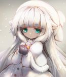  1girl capelet clenched_hands flower gloves green_eyes hair_flaps hat long_hair looking_at_viewer merry_milk nijisanji rose snowing very_long_hair virtual_youtuber white_flower white_hair white_rose winter_clothes yk_ksdh4582 