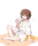  aka_ookami arm_support barefoot blush bottle brown_eyes brown_hair check_commentary closed_mouth commentary commentary_request drinking highres hiryuu_(kantai_collection) indian_style japanese_clothes kantai_collection kimono looking_at_viewer messy_hair milk milk_bottle no_bra short_hair simple_background sitting steam sweat white yukata 