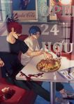  2boys black_shirt blood blood_on_shoes bloody_fork bloody_knife blue_eyes blue_hair booth cherry contemporary dd_(vktr4837) diner fate_(series) food fork french_fries fruit hamburger ice_cream knife koha-ace looking_at_another major_matou male_focus menu mori_nagayoshi_(fate) multiple_boys redhead sharp_teeth shirt shoes sneakers spiky_hair sundae table teeth wavy_hair white_shirt window 