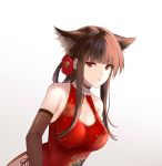  animal_ear_fluff animal_ears bangs bare_shoulders blunt_bangs breasts brown_gloves brown_hair china_dress chinese_clothes cleavage dress dsr-50_(girls_frontline) elbow_gloves eyebrows_visible_through_hair flower girls_frontline gloves hair_flower hair_ornament leaning_forward long_hair medium_breasts red_dress sidelocks simple_background tamatabe upper_body 