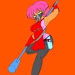  1girl apron armpits breasts cowboy_shot eyebrows_visible_through_hair gas_mask gloves gobori grey_pants holding holding_mallet large_breasts leg_up mallet mask original pants purple_hair red_apron red_background red_gloves short_hair simple_background sleeveless solo yellow_eyes 