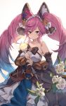  1girl bare_shoulders blue_hair brown_eyes clau_(dragalia_lost) detached_sleeves dragalia_lost dress flat_chest flower frown glowing gradient hair_ornament hair_ribbon highres looking_at_viewer pink_hair ribbon siki_00 simple_background solo standing twintails violet_eyes wand white_background 