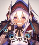  1girl azur_lane bangs blush cape collarbone commentary_request crop_top dark_skin eyebrows_visible_through_hair facepaint finger_in_mouth fingerless_gloves fur-trimmed_cape fur_trim gloves hair_between_eyes highres hood looking_at_viewer mephist-pheles minneapolis_(azur_lane) native_american red_eyes simple_background solo teeth white_hair 