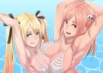  2girls armpits arms_behind_head arms_up asymmetrical_docking bangs beach bikini bikini_top blonde_hair blue_eyes breast_press breasts brown_eyes butcha-u cleavage collarbone dead_or_alive dead_or_alive_5 eyebrows_visible_through_hair eyes_visible_through_hair hair_ornament hair_ribbon honoka_(doa) large_breasts marie_rose multiple_girls open_mouth pink_hair ribbon shiny shiny_skin small_breasts smile swept_bangs swimsuit toned twintails upper_body water 