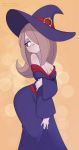  1girl artist_name bags_under_eyes bare_shoulders breasts cleavage hair_over_one_eye hat highres lavender_hair little_witch_academia long_hair looking_away looking_down merunyaa red_eyes robe shy solo sucy_manbavaran witch witch_hat 