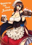  1girl :d alcohol apron bare_shoulders beer beer_mug blue_bow blue_eyes blush bow breasts brown_hair cleavage collarbone contrapposto corset cup detached_sleeves dress eyebrows_visible_through_hair frilled_dress frilled_shirt frilled_skirt frills hair_between_eyes head_scarf highres hips holding holding_cup large_breasts long_hair looking_at_viewer onigensou open_mouth orange_background original pointy_ears red_skirt shirt short_sleeves side_slit skirt smile solo thank_you thighs underbust very_long_hair waist_apron white_shirt wristband 