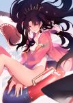  1girl black_hair casual_one-piece_swimsuit earrings fate/grand_order fate_(series) feet_out_of_frame fur-trimmed_jacket fur_trim highleg highleg_swimsuit highres hoop_earrings innertube ishtar_(fate/grand_order) jacket jewelry long_hair looking_at_viewer one-piece_swimsuit parted_lips pink_jacket red_eyes reroi riding shark smile swimsuit tiara two_side_up white_swimsuit 