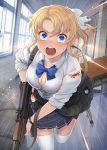  1girl bangs blonde_girl_(itou) blonde_hair blue_bow blue_eyes bow breasts bullet_trail cleavage clothes_around_waist collared_shirt day desk flying_teardrops gun hair_bow hallway holding holding_gun holding_weapon indoors injury itou_(onsoku_tassha) looking_at_viewer motion_lines open_clothes open_mouth open_shirt original pleated_skirt ponytail running shirt sidelocks skirt sleeves_rolled_up solo sweater_around_waist tears thigh-highs torn_clothes torn_shirt weapon weapon_request white_bow white_legwear white_shirt window 