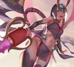  1girl bare_shoulders black_legwear blue_eyes bob_cut breasts commentary_request eyebrows fate/grand_order fate_(series) horns looking_at_viewer medium_breasts midriff navel oni_horns open_mouth pointy_ears purple_hair rope rotix shimenawa short_hair shuten_douji_(fate/grand_order) smile solo standing teeth thick_eyebrows thigh-highs 