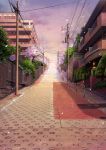  akiyama_uta balcony building cable cherry_blossoms clouds commentary_request day falling_petals handrail hedge_(plant) highres lamp light manhole no_humans outdoors plant post potted_plant power_lines purple_sky road saenai_heroine_no_sodatekata scenery shade sign street transformer tree wall 