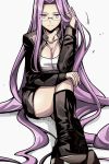  1girl black_jacket boots breasts cleavage collarbone commentary_request eyebrows_visible_through_hair fate/grand_order fate/stay_night fate_(series) glasses hand_in_hair hand_on_leg highres jacket large_breasts legs_crossed light_smile long_hair looking_at_viewer medusa_(fate)_(all) purple_hair rider shirt simple_background sitting smile solo very_long_hair violet_eyes white_background white_shirt yuuma_(u-ma) 