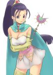  1girl aiueonesan_(umanaminoatama) blue_cape breasts cape choker cleavage dragon_quest dragon_quest_xi dress earrings elbow_gloves gloves hair_strand holding holding_wand jewelry large_breasts long_hair looking_at_viewer miniskirt ponytail purple_hair senica_(dq11) simple_background skirt solo thigh-highs violet_eyes wand white_background white_dress yellow_gloves yellow_legwear 