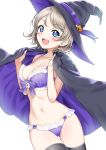  &gt;:d 1girl :d black_legwear blue_eyes blush bra breasts brown_hair cape cleavage cowboy_shot eyebrows_visible_through_hair frilled_bra frilled_panties frills hat love_live! love_live!_sunshine!! medium_breasts open_mouth panties purple_bra purple_panties rozen5 short_hair simple_background smile solo thigh-highs thigh_gap underwear underwear_only watanabe_you white_background witch_hat 