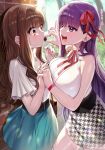  2girls absurdres bangs bb_(fate) bb_(fate/extra) blush breasts brown_eyes brown_hair chocolate fate/extra fate/extra_ccc fate_(series) feeding hair_ribbon highres holding_hands kishinami_hakuno_(female) large_breasts long_hair multiple_girls open_mouth purple_hair red_ribbon ribbon smile translation_request very_long_hair violet_eyes yayoi_maka 