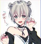 1girl alternate_hairstyle aoba_moca bang_dream! black_choker black_jacket blue_border blue_eyes border breasts choker claw_pose cleavage cross-laced_clothes double_bun eyebrows_visible_through_hair fang gao grey_background grey_hair hands_up jacket jewelry long_sleeves looking_at_viewer mizukikushou off_shoulder open_mouth pendant short_hair solo strapless upper_body yellow_border