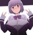  1girl blush bow bra bra_peek breasts collared_shirt eyebrows_visible_through_hair honda_naoki jacket large_breasts lavender_hair long_sleeves looking_at_viewer open_clothes purple_bow purple_jacket shinjou_akane shirt short_hair sleeves_past_wrists solo ssss.gridman underwear upper_body violet_eyes white_shirt zipper_pull_tab 