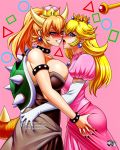  2girls ass_grab asymmetrical_docking black_dress black_nails blonde_hair bowsette breast_press breasts brooch commission crown dress elbow_gloves eye_contact gloves horns jadenkaiba jewelry large_breasts long_hair looking_at_another super_mario_bros. mini_crown multiple_girls nail_polish new_super_mario_bros._u_deluxe nintendo open_mouth pink_background pink_dress pointy_ears princess_peach puffy_short_sleeves puffy_sleeves short_sleeves smile spiked_shell spiked_tail strapless strapless_dress studded_armlet studded_bracelet studded_choker super_crown super_mario_bros. tail teeth turtle_shell wand white_gloves yuri 