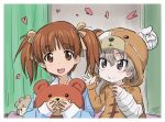 2girls :d alternate_hairstyle animal_costume artist_name bandage bangs bear_costume bear_hood bedroom blue_shirt boko_(girls_und_panzer) brown_eyes brown_hair closed_mouth commentary dated eyebrows_visible_through_hair girls_und_panzer hair_ribbon heart holding holding_stuffed_animal indoors light_brown_hair long_hair long_sleeves looking_at_another looking_at_viewer multiple_girls nishizumi_miho nyororiso_(muyaa) onesie open_mouth pajamas ribbon shimada_arisu shirt short_hair short_twintails signature smile stuffed_animal stuffed_toy twintails 