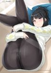  1girl ass bangs black_hair blush closed_mouth couch grey_eyes highres hips idolmaster idolmaster_shiny_colors kazano_hiori leg_hug legs legs_up lighting long_hair looking_at_viewer lying mole mole_under_mouth on_back pillow ponytail solo sunlight surock sweatdrop sweater thighs white_sweater 
