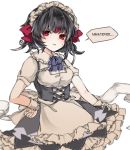  1girl alternate_costume apron bangs black_hair breasts dress english enmaided eyebrows_visible_through_hair hand_on_hip highres kijin_seija maid maid_apron maid_headdress medium_breasts multicolored_hair open_mouth puffy_short_sleeves puffy_sleeves red_eyes redhead sato_imo short_hair short_sleeves simple_background solo speech_bubble streaked_hair touhou white_apron white_background white_hair 