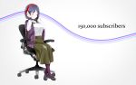  1girl arms_up black_footwear breasts chair closed_eyes closed_mouth commentary_request dress_shirt followers green_skirt grey_background hands_on_headphones headphones high-waist_skirt legs_crossed medium_breasts nijisanji office_chair on_chair pantyhose purple_hair purple_legwear shawl shirihime shirt shizuka_rin shoes short_hair sitting skirt smile solo virtual_youtuber white_shirt wide_shot 