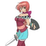  1girl bangs bare_shoulders blue_skirt bow bracelet breasts brown_eyes collarbone cowboy_shot gobori holding holding_shield holding_sword holding_weapon jewelry large_breasts long_hair off_shoulder original pink_hair purple_bow shield simple_background skirt solo sword weapon white_background 