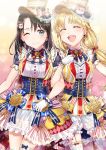 2girls :d ;) ^_^ bang_dream! bangs bear_hair_ornament black_hair blonde_hair blue_eyes blush bow bowtie center_frills character_hair_ornament clenched_hand closed_eyes closed_eyes commentary_request corset dress earrings gloves group_name hair_bow hair_ornament hat hat_ornament hat_ribbon jacket jewelry locked_arms long_hair medium_hair michelle_(bang_dream!) multicolored multicolored_clothes multicolored_dress multiple_girls okusawa_misaki one_eye_closed open_mouth overskirt red_bow ribbon round_teeth short_sleeves smile striped striped_neckwear striped_ribbon teeth tiny_(tini3030) tsurumaki_kokoro twintails upper_teeth vertical_stripes white_gloves 