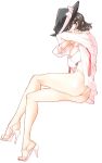  1girl ass black_hair blush bra breasts commentary_request covered_mouth crossed_arms fedora full_body hat high_heels highres large_breasts looking_to_the_side no_pants non_(z-art) open_clothes open_shirt panties touhou underwear usami_renko white_background white_bra white_footwear white_panties 