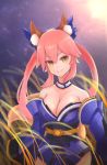  1girl alnath animal_ear_fluff animal_ears blue_legwear breasts cleavage fate/grand_order fate_(series) fox_ears fox_girl fox_tail highres japanese_clothes large_breasts looking_at_viewer night outdoors pink_hair solo tail tamamo_(fate)_(all) tamamo_no_mae_(fate) yellow_eyes 